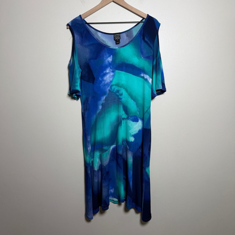 Clara Sunwoo Womens Dress M Blue Cold Shoulder Abstract Artsy Flowy Coastal